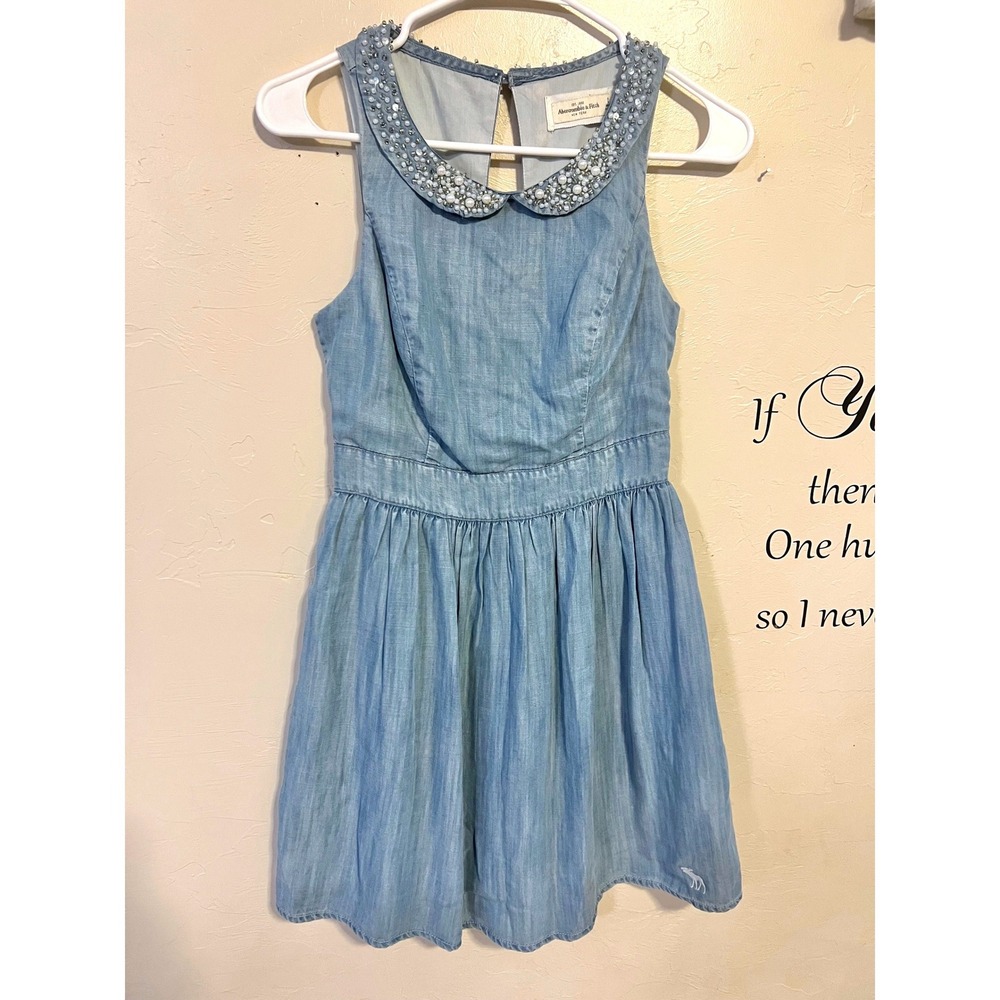 Abercrombie Fitch Beaded Peter Pan Collar Chambray Dress Preppy Denim Sweetheart